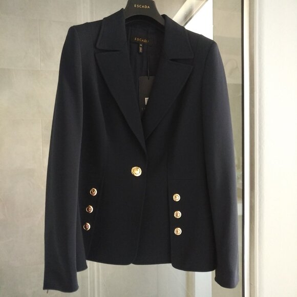 BRAND NEW WOMENS NAVY ESCADA BENINA ONE-BUTTON SCUBA PEPLUM JACKET SIZE 38 (US8) - Picture 5 of 7